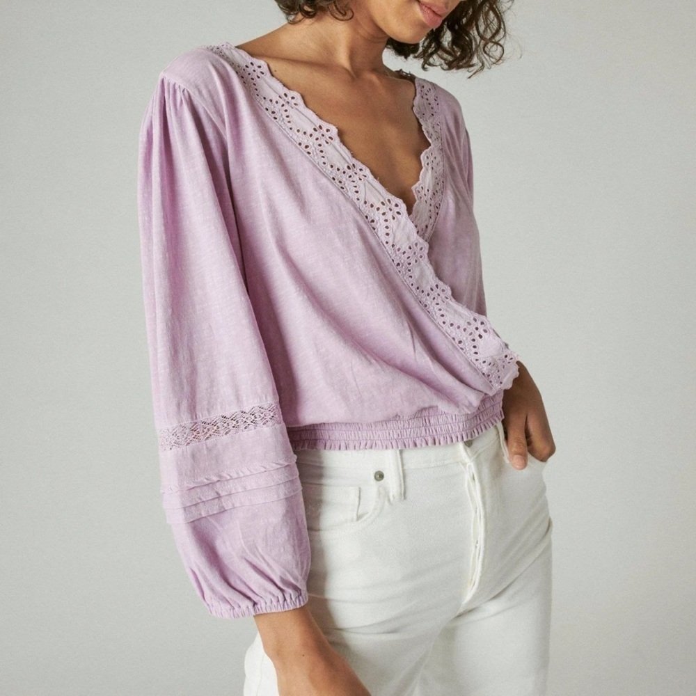 NWT Lucky Brand Light Purple Cotton Eyelet Wrap Knit Top XS